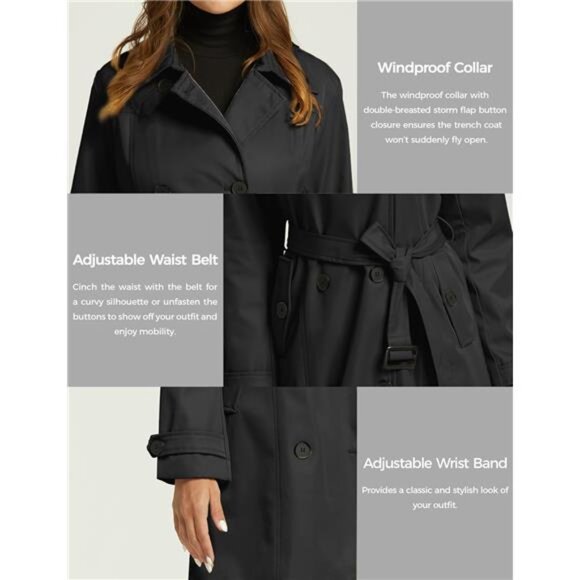 Women's Waterproof Trench Coat Classic Lapel Outerwear Coat with Belt - Picture 5 of 7